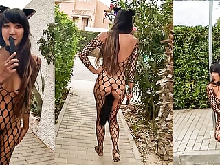 Horny Cat Costume with Butt Plug Tail Public Challenge - Asian Latin DaringKiara Exhibitionist Risky Public Nudity Challenge